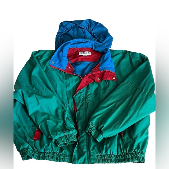 VINTAGE 90s Men's Green Performance Jacket with Blue Hood and Red Accents - Picture 1 of 6